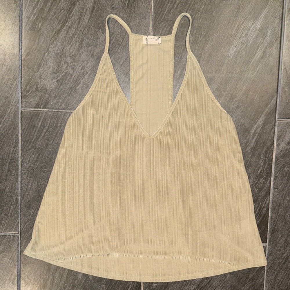 Free People Light Beige Ribbed V-Neck Racerback Tank Top